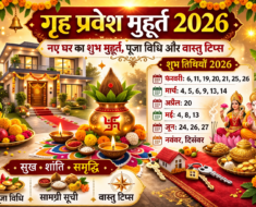 गृह प्रवेश मुहूर्त 2026 पोस्टर जिसमें नए घर की सजावट, कलश, गणेश-लक्ष्मी पूजा, शुभ तिथियाँ 2026, पूजा विधि, सामग्री सूची और वास्तु टिप्स दर्शाए गए हैं