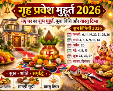 गृह प्रवेश मुहूर्त 2026 पोस्टर जिसमें नए घर की सजावट, कलश, गणेश-लक्ष्मी पूजा, शुभ तिथियाँ 2026, पूजा विधि, सामग्री सूची और वास्तु टिप्स दर्शाए गए हैं