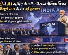 Prime Minister Narendra Modi addressing the India AI Impact Summit 2026 in New Delhi, highlighting India’s global AI ambitions, trade agreements, and investment push.
