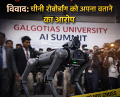 Quadruped robotic dog displayed at India AI Impact Summit in New Delhi as controversy erupts over university’s claim about Chinese-made Unitree Go2 robot.