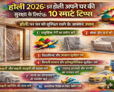 होली 2026 पर घर की सुरक्षा के 10 स्मार्ट टिप्स दर्शाती रंगीन इन्फोग्राफिक इमेज, जिसमें प्राकृतिक रंगों का उपयोग, फर्नीचर कवर, इलेक्ट्रॉनिक्स सुरक्षा और वाहन सुरक्षा जैसे उपाय शामिल हैं