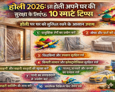 होली 2026 पर घर की सुरक्षा के 10 स्मार्ट टिप्स दर्शाती रंगीन इन्फोग्राफिक इमेज, जिसमें प्राकृतिक रंगों का उपयोग, फर्नीचर कवर, इलेक्ट्रॉनिक्स सुरक्षा और वाहन सुरक्षा जैसे उपाय शामिल हैं