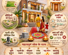 2026 में घर निर्माण के लिए वास्तु इन्फोग्राफिक, जिसमें मुख्य द्वार की दिशा, कमरों का स्थान, सीढ़ियों की दिशा, पानी की टंकी, भूमि पूजन और वास्तु शांति के नियम दर्शाए गए हैं