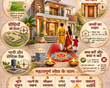 2026 में घर निर्माण के लिए वास्तु इन्फोग्राफिक, जिसमें मुख्य द्वार की दिशा, कमरों का स्थान, सीढ़ियों की दिशा, पानी की टंकी, भूमि पूजन और वास्तु शांति के नियम दर्शाए गए हैं