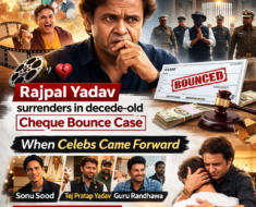 Bollywood actor Rajpal Yadav featured in a news-style graphic about a ₹9 crore cheque bounce case, showing Tihar Jail backdrop and references to decade-old financial dispute.