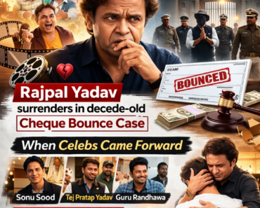 Bollywood actor Rajpal Yadav featured in a news-style graphic about a ₹9 crore cheque bounce case, showing Tihar Jail backdrop and references to decade-old financial dispute.