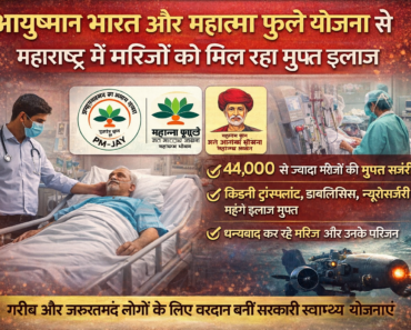 Hindi news graphic showing free medical treatment under Ayushman Bharat and Mahatma Phule health schemes in Maharashtra