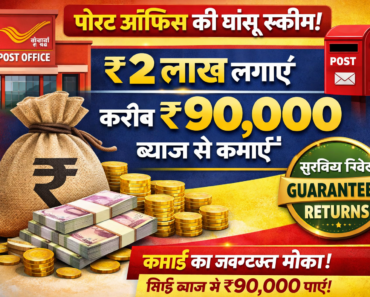 Graphic about a Post Office savings scheme where investing ₹2 lakh can earn around ₹90,000 in interest with guaranteed returns